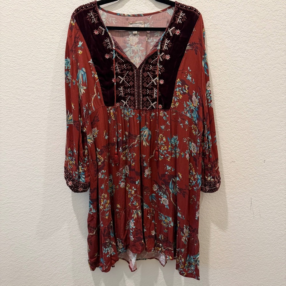 Johnny Was Workshop Rust Red Floral Velvet Embroidered Tassel Boho Dress XL
